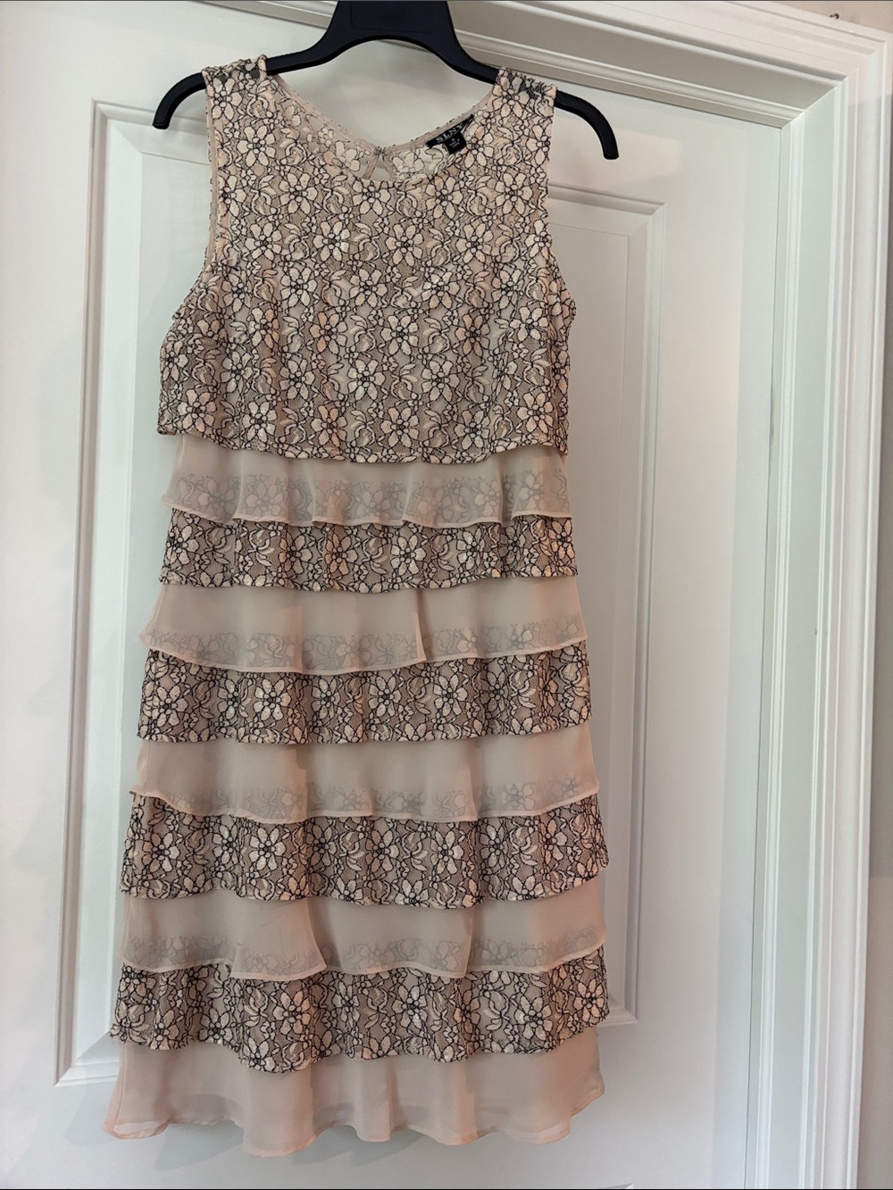 SLNY Blush Pink and Black Lace Tiered Sleeveless Dress